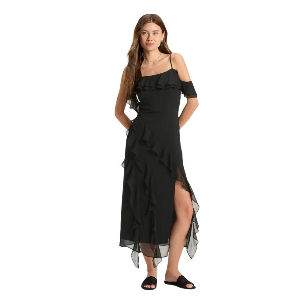 Wild Fable Women's Black Ruffle Off‎ Shoulder Tiered Midi Dress Size XS